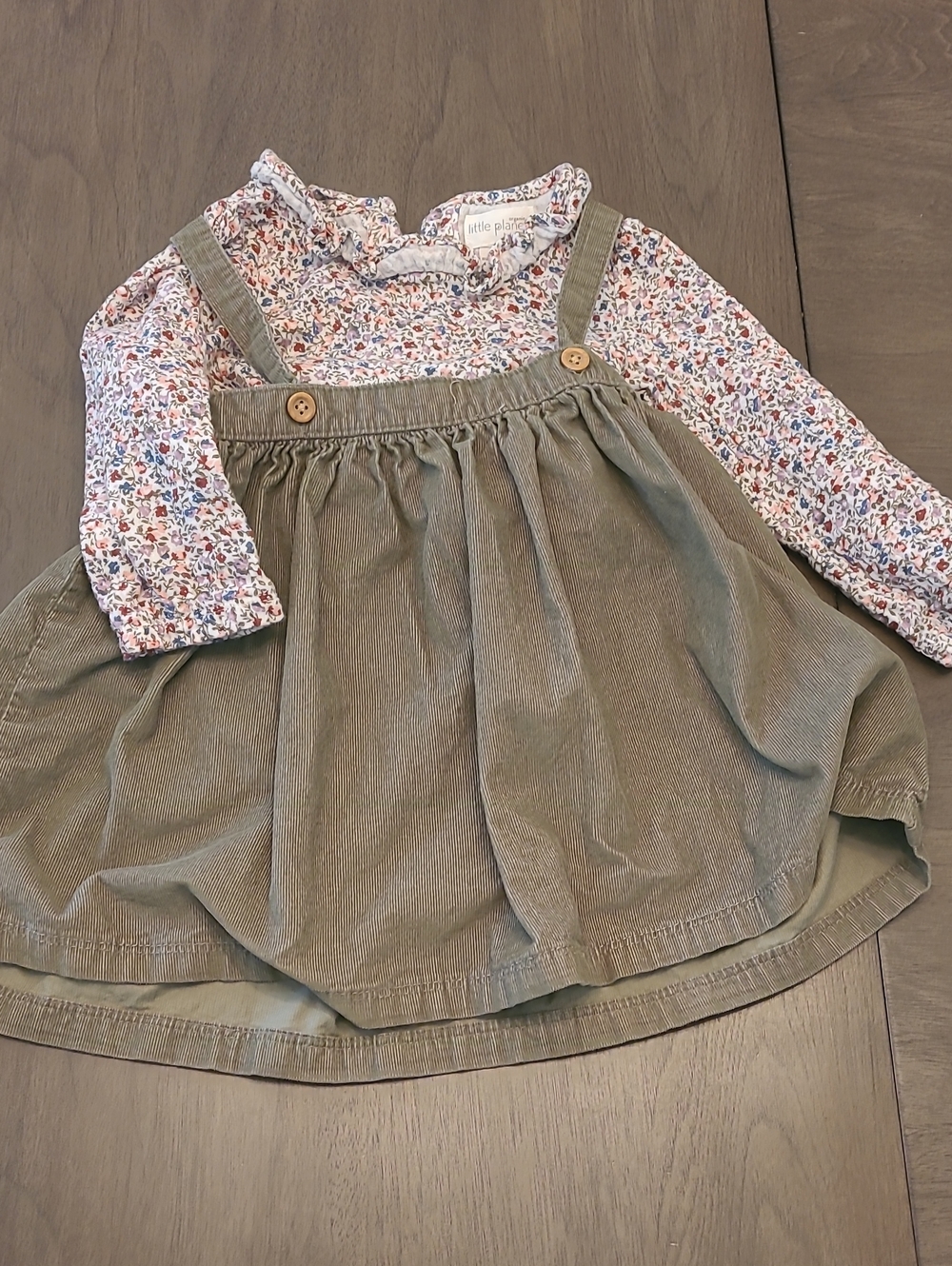 Little Planet Olive Green Corduroy Pinafore Dress with Floral Blouse - Kids